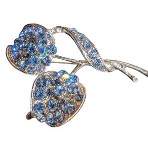 Vintage Silver and Blue Crystal Leaf Brooch